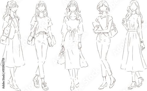 シンプルタッチの女性のイラストセット　5パターン
