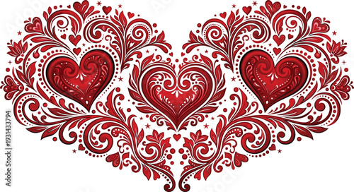 Two red hearts with intricate floral patterns and swirls