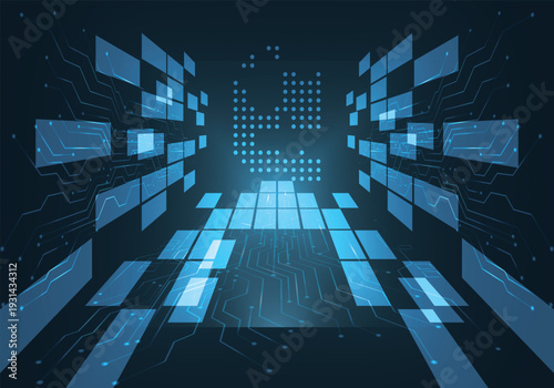 abstract blue digital technology background with glowing squares and data tunnel effect