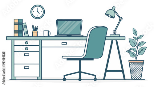 Home office desk setup with laptop chair clock books and plant silhouette