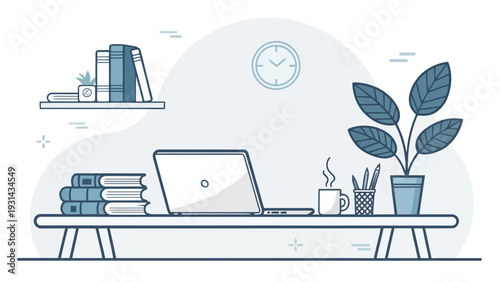 Freelancer workspace with laptop books and plant on modern desk clock on wall minimalistic home office setup with coffee cup