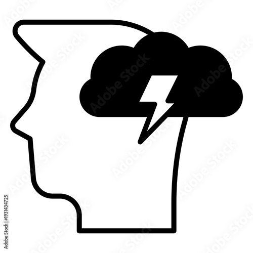 Stress and Anxiety Concept: Head with Storm Cloud and Lightning