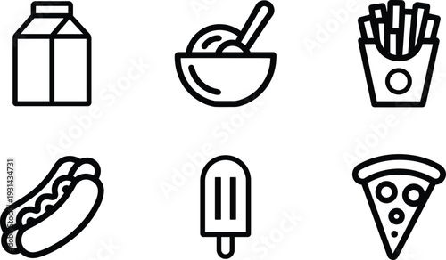 Collection of six simple food and drink icons including milk carton cereal bowl french fries hot dog popsicle and pizza slice