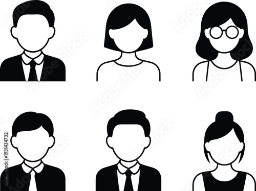 Collection of six simplified user profile icons representing diverse individuals in a clean line art style for interface design