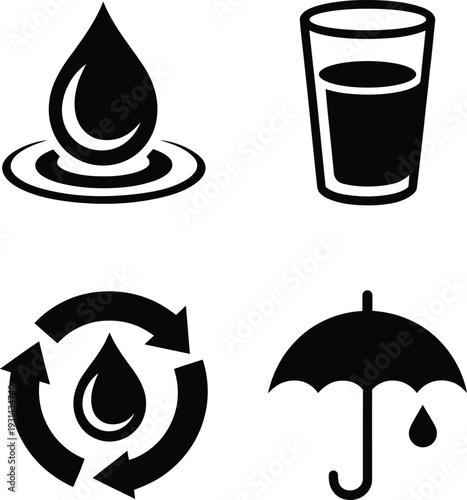 Four diverse waterrelated icon concepts including a droplet in ripples a full glass a recycling symbol with a droplet and an umbrella with a droplet
