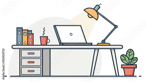 Creative designer workspace with laptop lamp books and plant on desk modern office setup