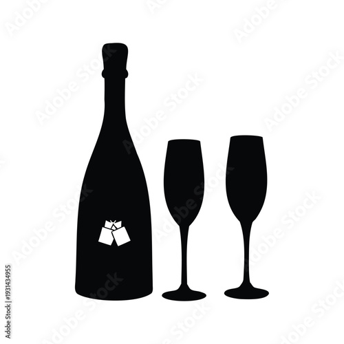champagne bottle clinking glasses silhouette vector illustration, Elegant silhouette vector illustration of wine bottle with two glasses for celebration