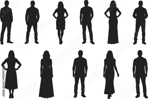 Silhouette collection of ten diverse male and female figures arranged in two rows, showcasing posture, clothing styles, stance diversity, and design illustration art