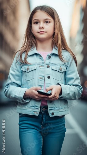 Young Girl Walking Down City Street While Texting on Her Smartphone