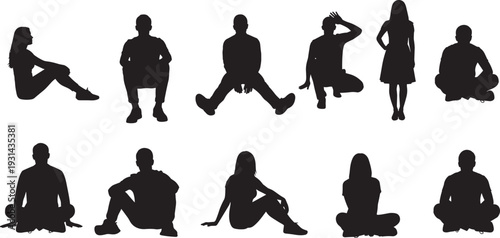 Silhouette collection of seated and standing human figures in diverse relaxed postures, illustrating body language, ergonomic positions, artistic references, and creative design applications