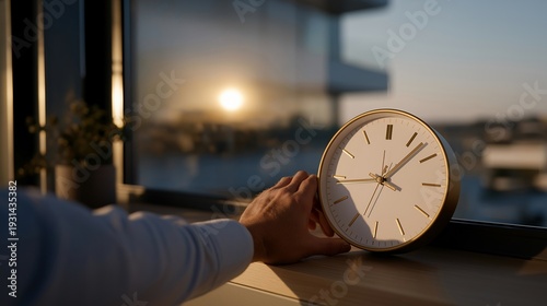 Wallpaper Mural Daylight saving time concept with person adjusting clock forward one hour while spring morning light fills room, perfect for March seasonal change, time adjustment tradition, spring clock change, Torontodigital.ca