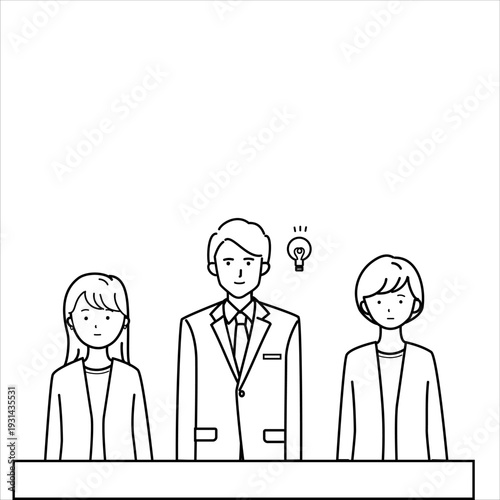 線画の会議中に一人アイデアがひらめくビジネスシーンのイラスト