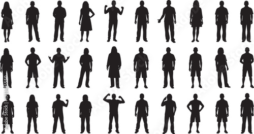 Silhouette collection of twenty‑five diverse human figures arranged in grid, showcasing varied postures, gestures, clothing styles, and body language for design illustration art