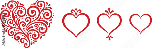 Three red and white heart shapes with floral and minimalist