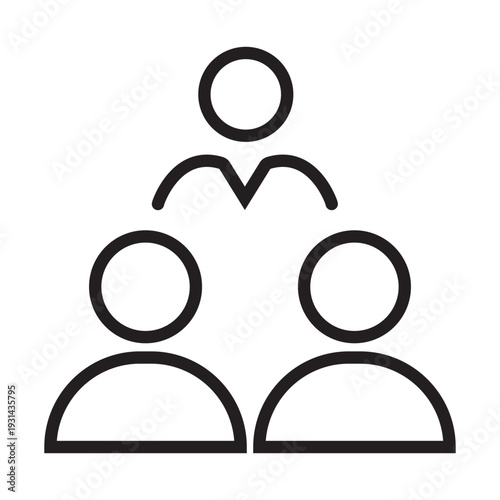 Minimalist black line icon depicting a three person team hierarchy and management structure