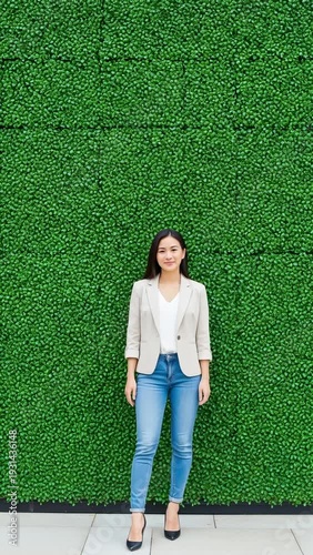 Young Asian Woman Standing Confidently in Front of a Green Vertical Garden Wall