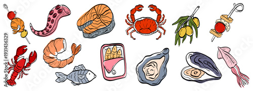 Food, Mediterranean, and cooking themes in a drawn pizza and wine doodle with Spanish and Italian icons for a hand-drawn vector illustration. Rustic vintage menu items like cheese and seafood