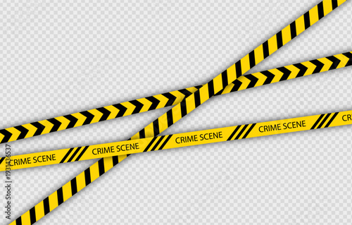 Crime scene yellow tape. Police warning barrier tapes. Do not cross ribbon for criminal accident places. Set of caution crime scene bands. Vector illustration. Striped boundary lines
