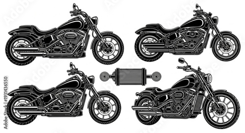 Set of four custom motorcycles and a shock absorber.