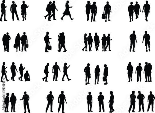 Collection of various human silhouette poses and actions in black