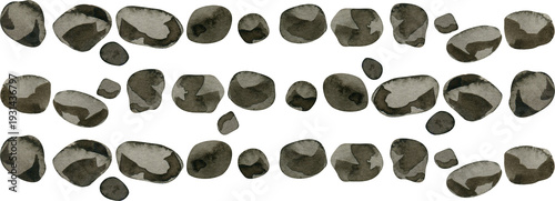 Canvas Print Watercolor set of dark grey pebbles and stones arranged in rows