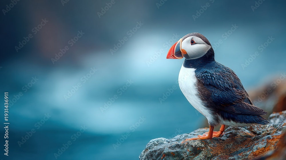 Obraz premium Atlantic puffin perched on rugged cliff edge overlooking cold blue ocean, showcasing detailed feathers and vibrant beak in soft coastal light