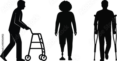 Silhouette of people with mobility issues using assistive devices for support