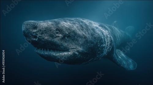 Greenland shark emerging from dark blue depths illuminated by a single beam of light, showcasing its unique features and conservation significance in marine ecosystems