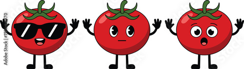 Three cartoon red tomatoes with faces and arms showing different emotions