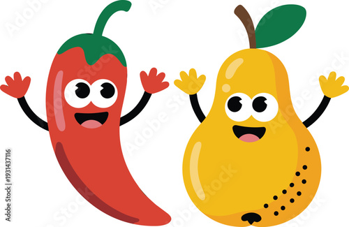 Red chili pepper and yellow pear with faces and arms waving