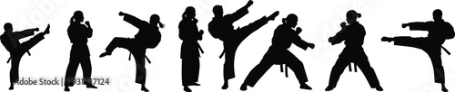 Silhouette of people practicing various martial arts poses in a row