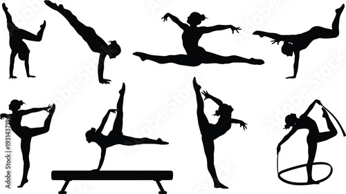 Silhouette of various gymnastics poses and acrobatics in black on white background silhouette