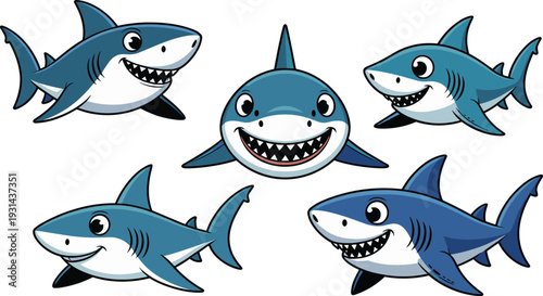 Five cartoon sharks with big smiles in blue and white smiling 1
