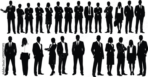 Silhouette of business professionals in formal attire standing in two rows