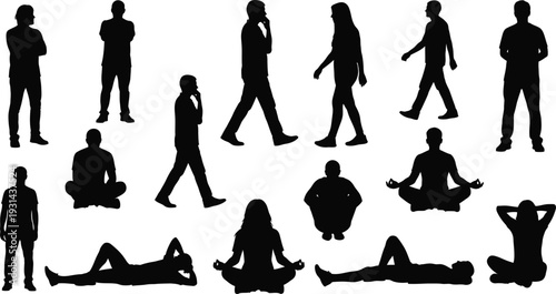 Collection of various human silhouette poses and yoga positions