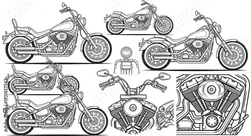 Detailed Motorcycle Illustrations and Engine Close Up.