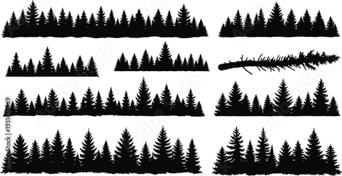 Collection of various pine tree silhouettes in different formations and sizes silhouette