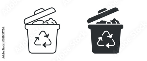 Recycling Bin Icon Set, Trash Can with Recycle Symbol Line and Solid Vector Illustration