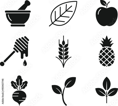 Organic food and agriculture icons set featuring apple pineapple honey wheat leaf sprout mortar vector silhouette collection