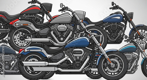 Collection of various modern cruiser motorcycles parked together.