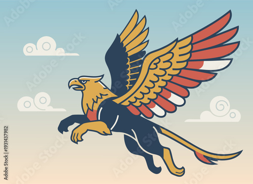 Mythological griffin creature flying in the sky with clouds flat vector illustration