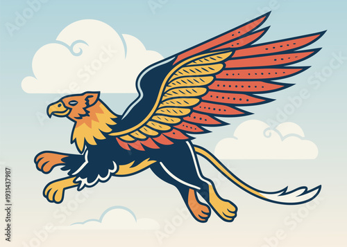 Mythological griffin creature flying in the sky with clouds flat vector illustration