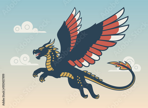 Powerful mythical dragon flying in the sky with clouds flat vector illustration