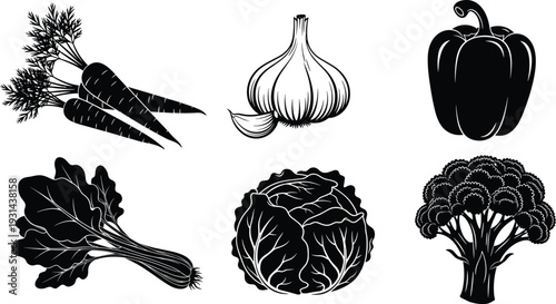 Vegetable illustration set featuring carrot garlic bell pepper cabbage broccoli spinach black white vector collection isolated
