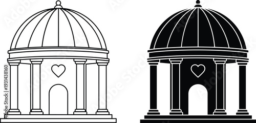 Classical domed pavilion gazebo with columns and heart symbol, outline and black silhouette architectural icons set, isolated on white background