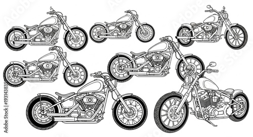 Collection of detailed motorcycle line drawings in black and white.