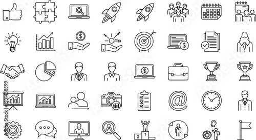 Professional Business Strategy Line Icon Set for Startup Growth Corporate Success Marketing Management Financial Analysis Project Development and Teamwork Presentation