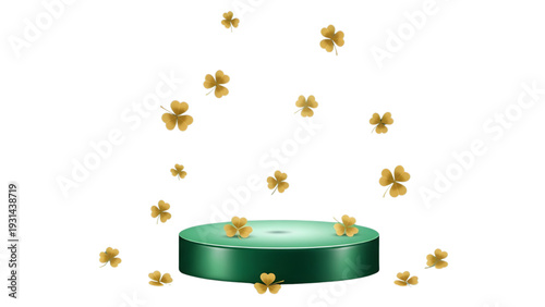 3D Green Podium with Falling Gold Shamrocks for St. Patrick's Day,  A 3D rendered green cylindrical podium with gold shamrocks falling around it and resting on it, set against a white background.