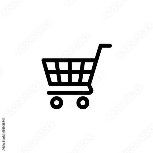 A simple black shopping cart icon on a white background