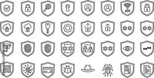 Security shield protection icons set, lock password privacy firewall antivirus bug virus surveillance fingerprint authentication secure data cyber defense vector line illustration collection